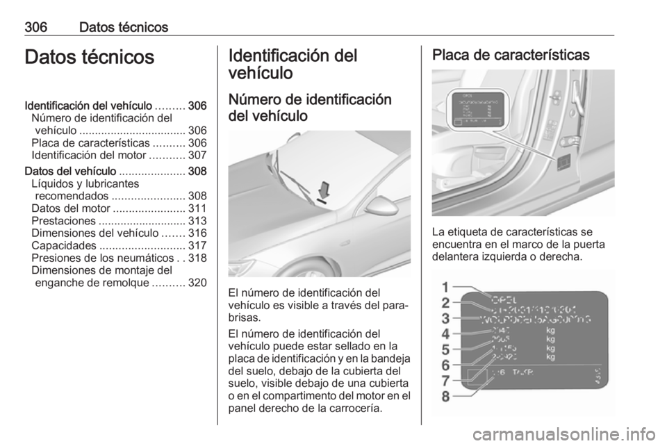 OPEL INSIGNIA BREAK 2020  Manual de Instrucciones (in Spanish) 306Datos técnicosDatos técnicosIdentificación del vehículo.........306
Número de identificación del vehículo .................................. 306
Placa de características ..........306
Ident