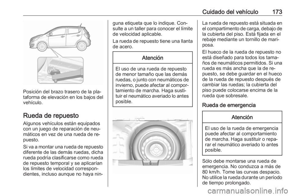 OPEL KARL 2016.5 Manual de Instrucciones (in Spanish) Cuidado del vehículo173
Posición del brazo trasero de la pla‐
taforma de elevación en los bajos del
vehículo.
Rueda de repuesto
Algunos vehículos están equipados
con un juego de reparación de OPEL KARL 2016.5 Manual de Instrucciones (in Spanish) Cuidado del vehículo173
Posición del brazo trasero de la pla‐
taforma de elevación en los bajos del
vehículo.
Rueda de repuesto
Algunos vehículos están equipados
con un juego de reparación de