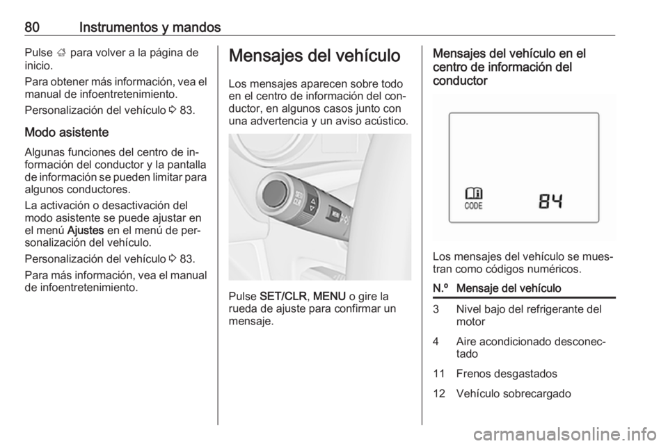 OPEL KARL 2016.5 Manual de Instrucciones (in Spanish) 80Instrumentos y mandosPulse ; para volver a la página de
inicio.
Para obtener más información, vea el manual de infoentretenimiento.
Personalización del vehículo 3 83.
Modo asistente Algunas fu OPEL KARL 2016.5 Manual de Instrucciones (in Spanish) 80Instrumentos y mandosPulse ; para volver a la página de
inicio.
Para obtener más información, vea el manual de infoentretenimiento.
Personalización del vehículo 3 83.
Modo asistente Algunas fu