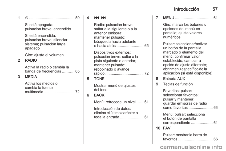 OPEL KARL 2017  Manual de infoentretenimiento (in Spanish) Introducción571X........................................... 59
Si está apagada:
pulsación breve: encendido
Si está encendida:
pulsación breve: silenciar
sistema; pulsación larga:
apagado
Giro: a