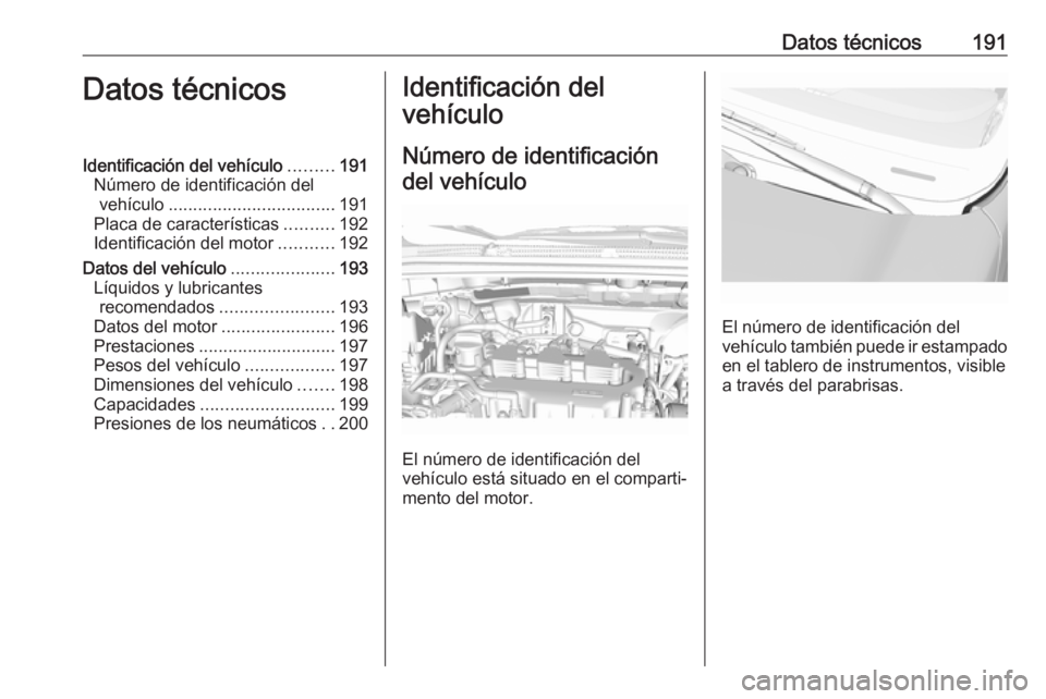 OPEL KARL 2018  Manual de Instrucciones (in Spanish) Datos técnicos191Datos técnicosIdentificación del vehículo.........191
Número de identificación del vehículo .................................. 191
Placa de características ..........192
Ident