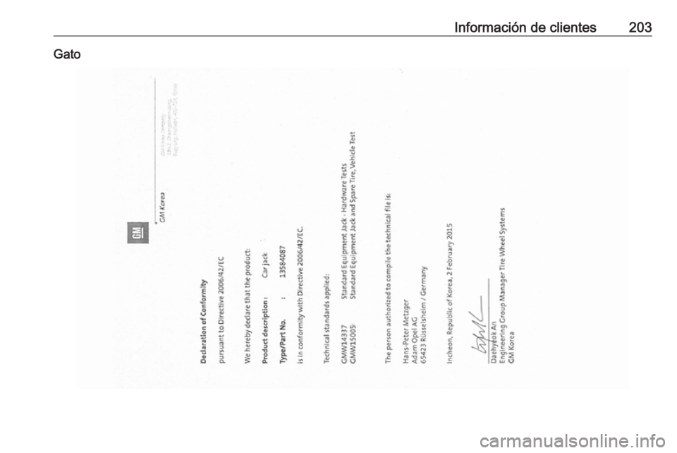 OPEL KARL 2018  Manual de Instrucciones (in Spanish) Información de clientes203Gato 