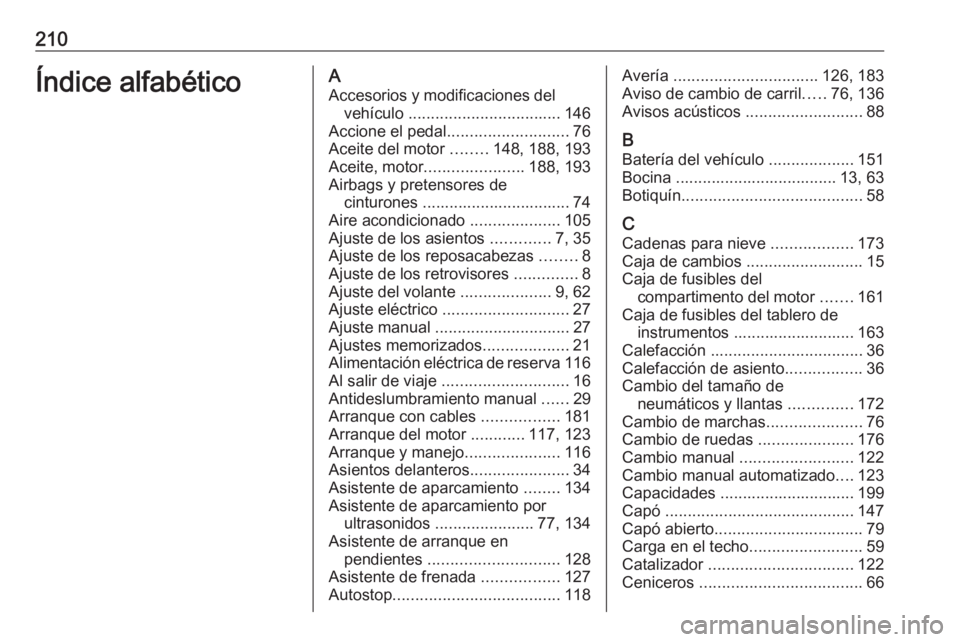OPEL KARL 2018 Manual de Instrucciones (in Spanish) 210Índice alfabéticoAAccesorios y modificaciones del vehículo .................................. 146
Accione el pedal ........................... 76
Aceite del motor ........148, 188, 193
Aceite, OPEL KARL 2018 Manual de Instrucciones (in Spanish) 210Índice alfabéticoAAccesorios y modificaciones del vehículo .................................. 146
Accione el pedal ........................... 76
Aceite del motor ........148, 188, 193
Aceite,