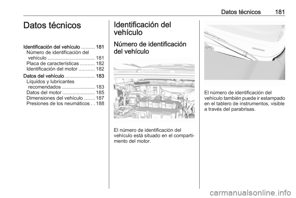OPEL KARL 2019  Manual de Instrucciones (in Spanish) Datos técnicos181Datos técnicosIdentificación del vehículo.........181
Número de identificación del vehículo .................................. 181
Placa de características ..........182
Ident