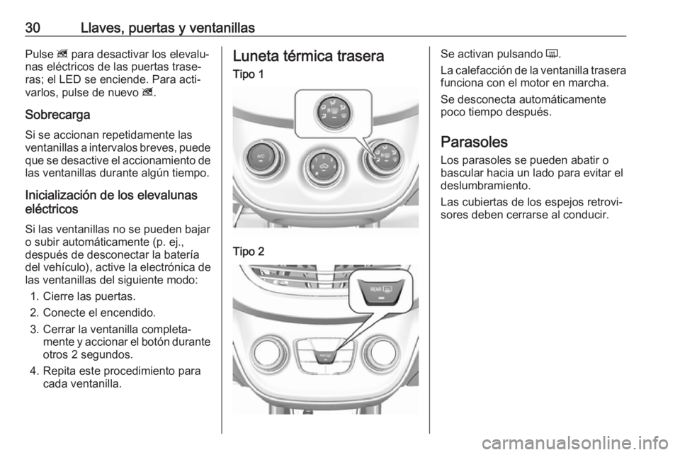 OPEL KARL 2019 Manual de Instrucciones (in Spanish) 30Llaves, puertas y ventanillasPulse z para desactivar los elevalu‐
nas eléctricos de las puertas trase‐
ras; el LED se enciende. Para acti‐
varlos, pulse de nuevo z.
Sobrecarga Si se accionan OPEL KARL 2019 Manual de Instrucciones (in Spanish) 30Llaves, puertas y ventanillasPulse z para desactivar los elevalu‐
nas eléctricos de las puertas trase‐
ras; el LED se enciende. Para acti‐
varlos, pulse de nuevo z.
Sobrecarga Si se accionan