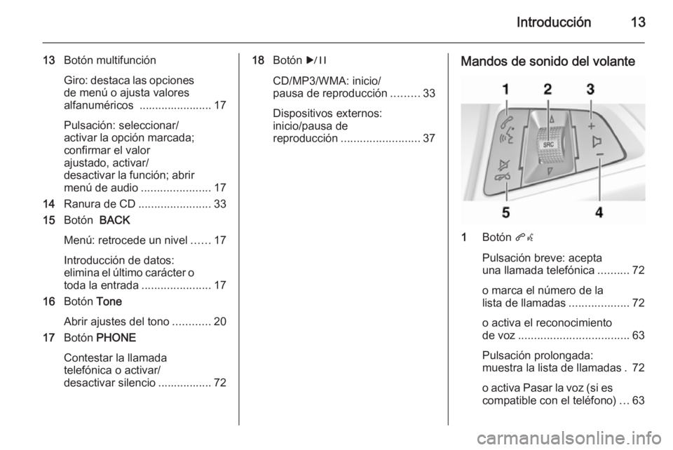 OPEL MERIVA 2014.5 Manual de infoentretenimiento (in Spanish) Introducción13
13Botón multifunción
Giro: destaca las opciones
de menú o ajusta valores
alfanuméricos ....................... 17
Pulsación: seleccionar/
activar la opción marcada; confirmar el OPEL MERIVA 2014.5 Manual de infoentretenimiento (in Spanish) Introducción13
13Botón multifunción
Giro: destaca las opciones
de menú o ajusta valores
alfanuméricos ....................... 17
Pulsación: seleccionar/
activar la opción marcada; confirmar el