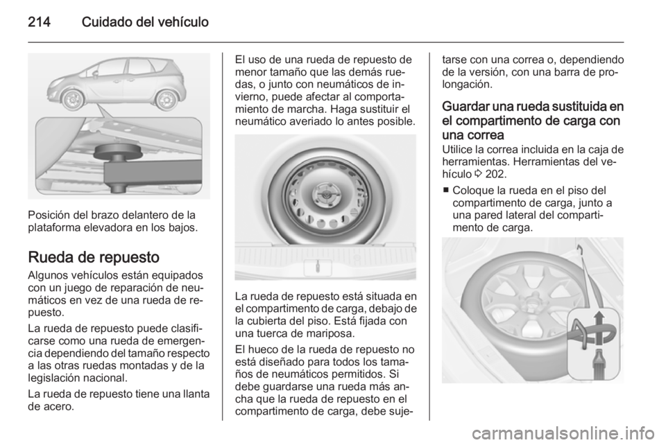 OPEL MERIVA 2014.5  Manual de Instrucciones (in Spanish) 214Cuidado del vehículo
Posición del brazo delantero de la
plataforma elevadora en los bajos.
Rueda de repuesto
Algunos vehículos están equipados
con un juego de reparación de neu‐
máticos en 