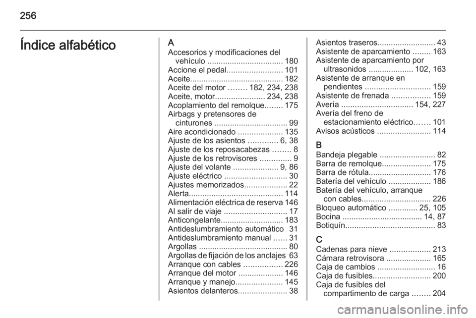 OPEL MERIVA 2015.5 Manual de Instrucciones (in Spanish) 256Índice alfabéticoAAccesorios y modificaciones del vehículo .................................. 180
Accione el pedal .........................101
Aceite.......................................... OPEL MERIVA 2015.5 Manual de Instrucciones (in Spanish) 256Índice alfabéticoAAccesorios y modificaciones del vehículo .................................. 180
Accione el pedal .........................101
Aceite..........................................