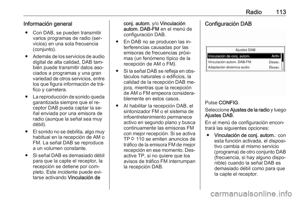 OPEL MERIVA 2016  Manual de infoentretenimiento (in Spanish) Radio113Información general● Con DAB, se pueden transmitir varios programas de radio (ser‐
vicios) en una sola frecuencia
(conjunto).
● Además de los servicios de audio
digital de alta calidad