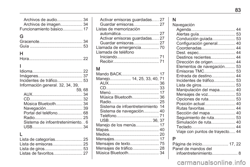 OPEL MERIVA 2016  Manual de infoentretenimiento (in Spanish) 83Archivos de audio.....................34
Archivos de imagen................... 34
Funcionamiento básico ................17
G Gracenote ..................................... 34
Guía  ..............