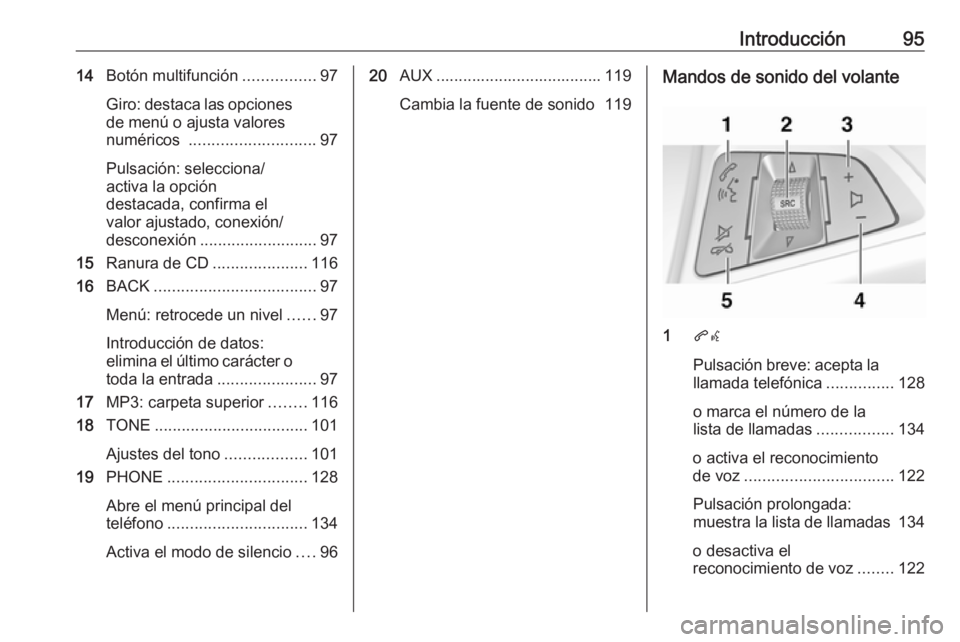 OPEL MERIVA 2016  Manual de infoentretenimiento (in Spanish) Introducción9514Botón multifunción ................97
Giro: destaca las opciones de menú o ajusta valores
numéricos  ............................ 97
Pulsación: selecciona/
activa la opción
dest
