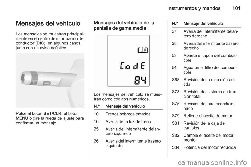 OPEL MOKKA 2014.5  Manual de Instrucciones (in Spanish) Instrumentos y mandos101Mensajes del vehículo
Los mensajes se muestran principal‐
mente en el centro de información del
conductor (DIC), en algunos casos
junto con un aviso acústico.
Pulse el bot