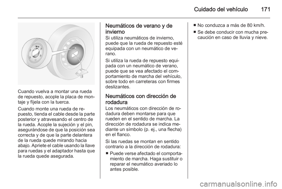 OPEL MOVANO_B 2014  Manual de Instrucciones (in Spanish) Cuidado del vehículo171
Cuando vuelva a montar una rueda
de repuesto, acople la placa de mon‐
taje y fíjela con la tuerca.
Cuando monte una rueda de re‐ puesto, tienda el cable desde la parte
po