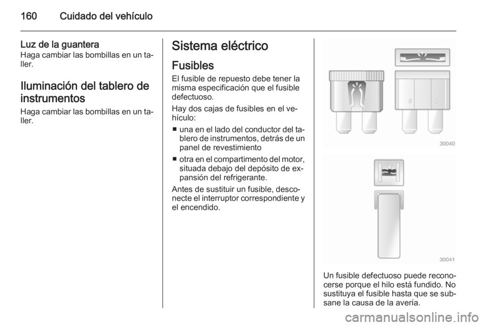 OPEL MOVANO_B 2015  Manual de Instrucciones (in Spanish) 160Cuidado del vehículo
Luz de la guanteraHaga cambiar las bombillas en un ta‐
ller.
Iluminación del tablero de
instrumentos
Haga cambiar las bombillas en un ta‐ ller.Sistema eléctrico
Fusibles