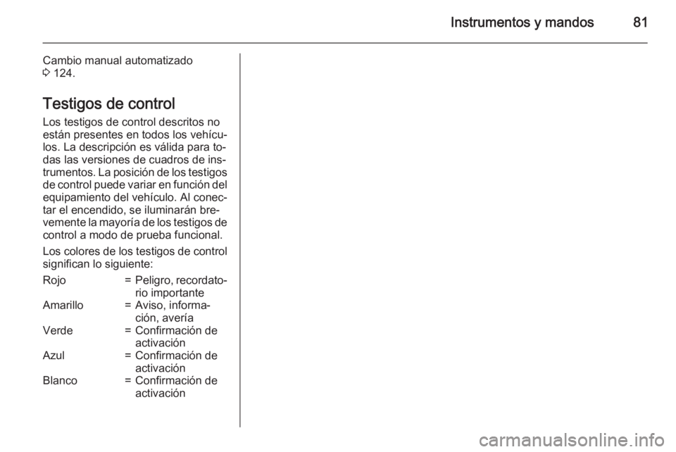 OPEL MOVANO_B 2015  Manual de Instrucciones (in Spanish) Instrumentos y mandos81
Cambio manual automatizado
3  124.
Testigos de control Los testigos de control descritos no
están presentes en todos los vehícu‐
los. La descripción es válida para to‐
