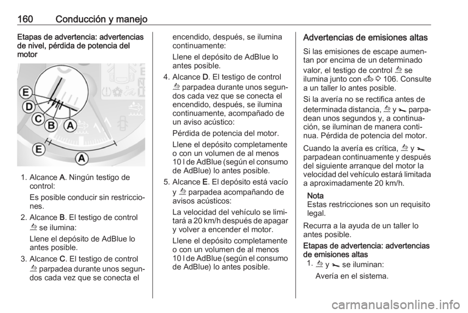 OPEL MOVANO_B 2018.5 Manual de Instrucciones (in Spanish) 160Conducción y manejoEtapas de advertencia: advertencias
de nivel, pérdida de potencia del
motor
1. Alcance A. Ningún testigo de
control:
Es posible conducir sin restriccio‐ nes.
2. Alcance B. OPEL MOVANO_B 2018.5 Manual de Instrucciones (in Spanish) 160Conducción y manejoEtapas de advertencia: advertencias
de nivel, pérdida de potencia del
motor
1. Alcance A. Ningún testigo de
control:
Es posible conducir sin restriccio‐ nes.
2. Alcance B.