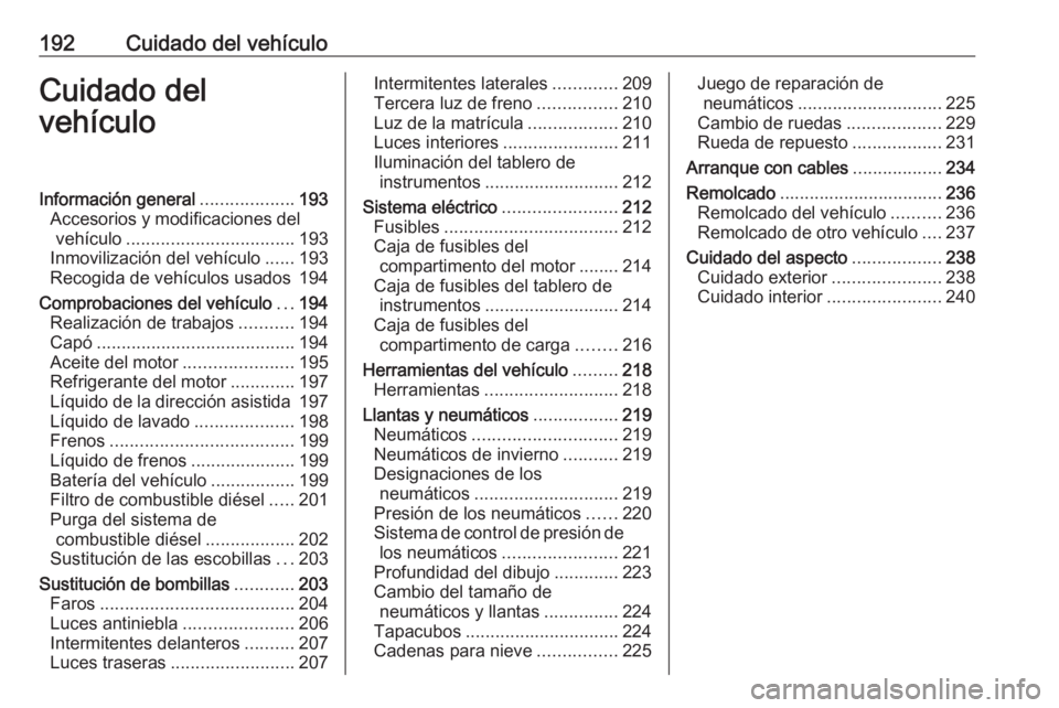 OPEL MOVANO_B 2018.5  Manual de Instrucciones (in Spanish) 192Cuidado del vehículoCuidado del
vehículoInformación general ...................193
Accesorios y modificaciones del vehículo .................................. 193
Inmovilización del vehículo 