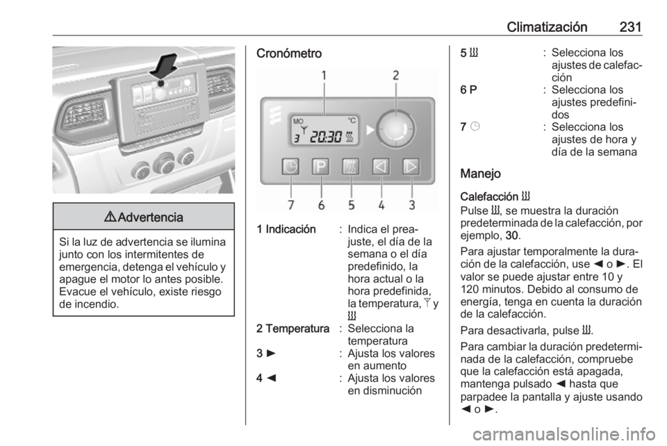 OPEL MOVANO_B 2020  Manual de Instrucciones (in Spanish) Climatización2319Advertencia
Si la luz de advertencia se ilumina
junto con los intermitentes de
emergencia, detenga el vehículo y apague el motor lo antes posible.Evacue el vehículo, existe riesgo
