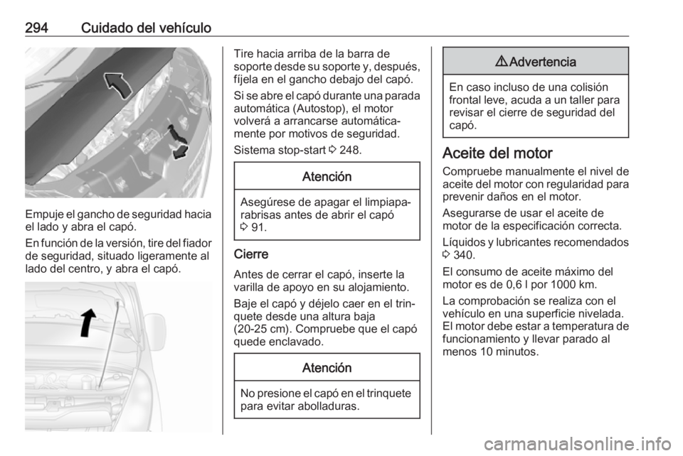 OPEL MOVANO_B 2020 Manual de Instrucciones (in Spanish) 294Cuidado del vehículo
Empuje el gancho de seguridad haciael lado y abra el capó.
En función de la versión, tire del fiador de seguridad, situado ligeramente al
lado del centro, y abra el capó.
OPEL MOVANO_B 2020 Manual de Instrucciones (in Spanish) 294Cuidado del vehículo
Empuje el gancho de seguridad haciael lado y abra el capó.
En función de la versión, tire del fiador de seguridad, situado ligeramente al
lado del centro, y abra el capó.