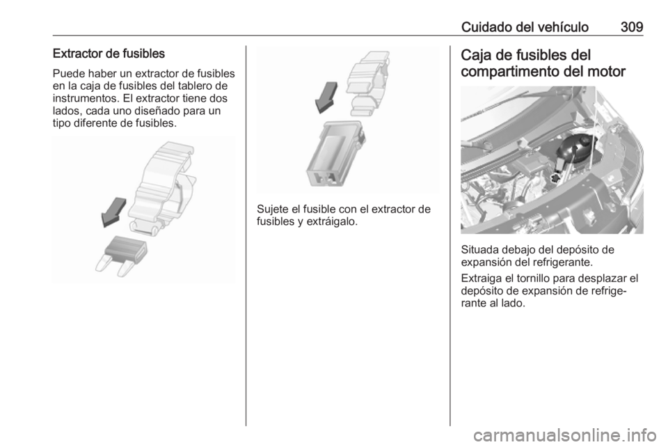 OPEL MOVANO_B 2020  Manual de Instrucciones (in Spanish) Cuidado del vehículo309Extractor de fusiblesPuede haber un extractor de fusiblesen la caja de fusibles del tablero de
instrumentos. El extractor tiene dos
lados, cada uno diseñado para un
tipo difer