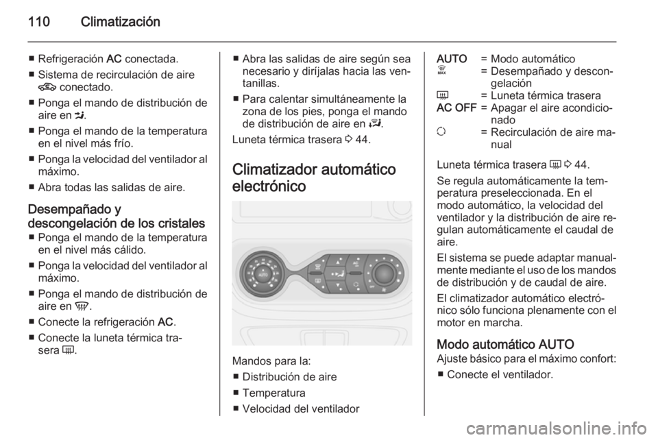 OPEL VIVARO B 2015.5 Manual de Instrucciones (in Spanish) 110Climatización
■ Refrigeración AC conectada.
■ Sistema de recirculación de aire 4 conectado.
■ Ponga el mando de distribución de aire en M.
■ Ponga el mando de la temperatura en el niv OPEL VIVARO B 2015.5 Manual de Instrucciones (in Spanish) 110Climatización
■ Refrigeración AC conectada.
■ Sistema de recirculación de aire 4 conectado.
■ Ponga el mando de distribución de aire en M.
■ Ponga el mando de la temperatura en el niv