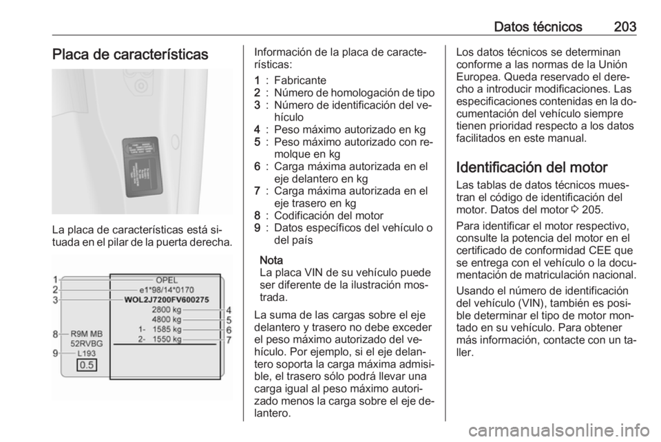 OPEL VIVARO B 2016.5  Manual de Instrucciones (in Spanish) Datos técnicos203Placa de características
La placa de características está si‐
tuada en el pilar de la puerta derecha.
Información de la placa de caracte‐
rísticas:1:Fabricante2:Número de h