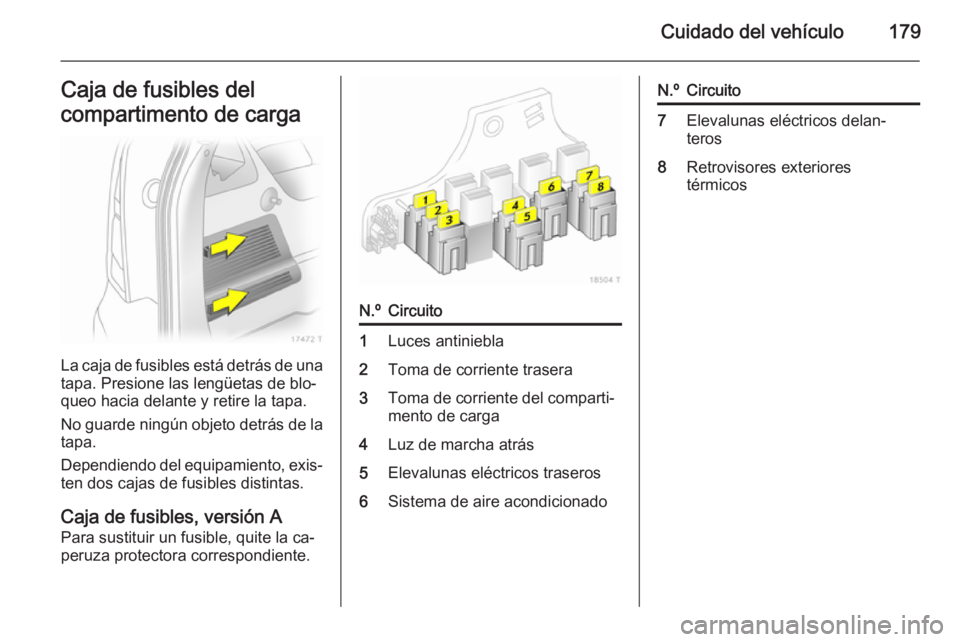 OPEL ZAFIRA B 2014  Manual de Instrucciones (in Spanish) Cuidado del vehículo179Caja de fusibles del
compartimento de carga
La caja de fusibles está detrás de una tapa. Presione las lengüetas de blo‐
queo hacia delante y retire la tapa.
No guarde ning