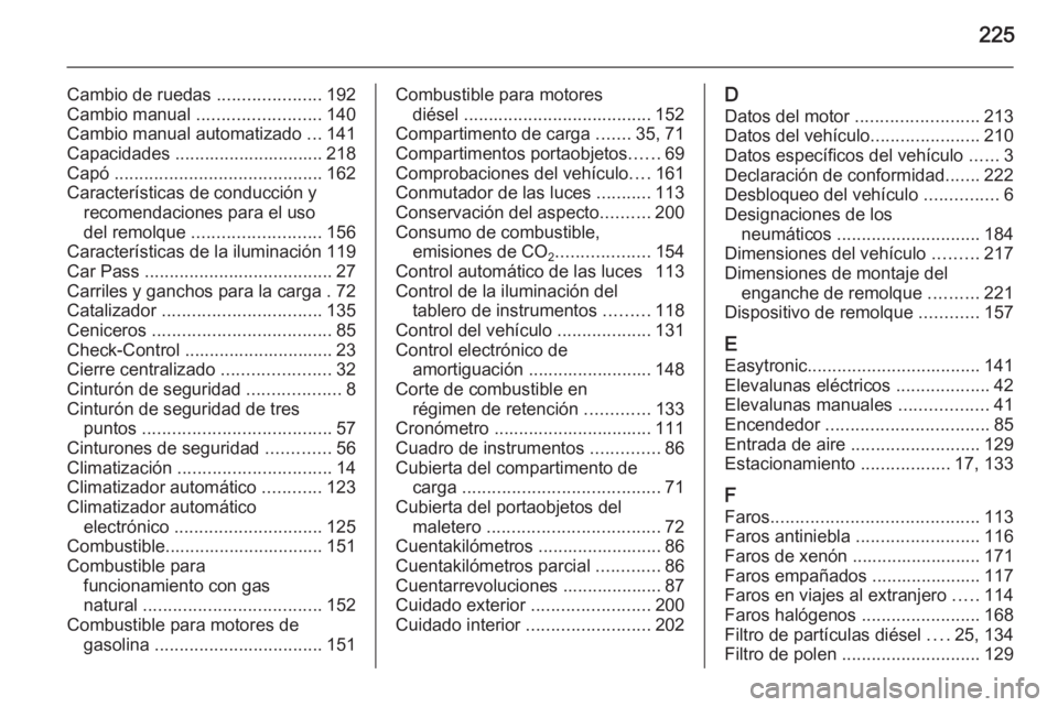 OPEL ZAFIRA B 2014  Manual de Instrucciones (in Spanish) 225
Cambio de ruedas .....................192
Cambio manual  ......................... 140
Cambio manual automatizado  ...141
Capacidades .............................. 218
Capó  ....................