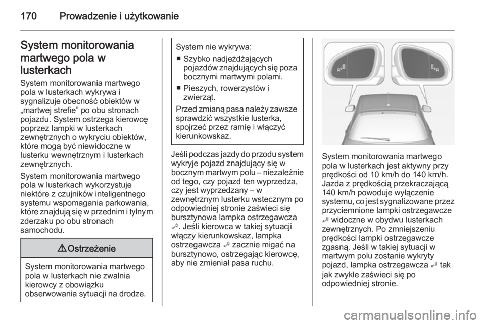 OPEL ADAM 2015.5  Instrukcja obsługi (in Polish) 170Prowadzenie i użytkowanieSystem monitorowania
martwego pola w
lusterkach System monitorowania martwego
pola w lusterkach wykrywa i
sygnalizuje obecność obiektów w
„martwej strefie” po obu s