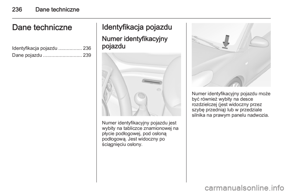 OPEL ADAM 2015.5  Instrukcja obsługi (in Polish) 236Dane techniczneDane techniczneIdentyfikacja pojazdu.................236
Dane pojazdu ............................ 239Identyfikacja pojazdu
Numer identyfikacyjny
pojazdu
Numer identyfikacyjny pojazd