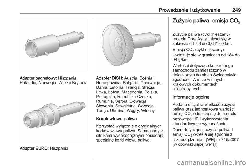 OPEL ASTRA J 2016.5  Instrukcja obsługi (in Polish) Prowadzenie i użytkowanie249
Adapter bagnetowy: Hiszpania,
Holandia, Norwegia, Wielka Brytania
Adapter EURO:  Hiszpania
Adapter DISH: Austria, Bośnia i
Hercegowina, Bułgaria, Chorwacja, Dania, Esto