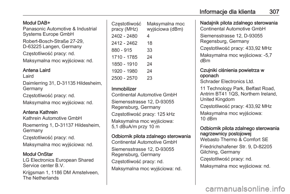 OPEL ASTRA J 2018.5  Instrukcja obsługi (in Polish) Informacje dla klienta307Moduł DAB+
Panasonic Automotive & Industrial
Systems Europe GmbH
Robert-Bosch-Straße 27-29,
D-63225 Langen, Germany
Częstotliwość pracy: nd.
Maksymalna moc wyjściowa: nd