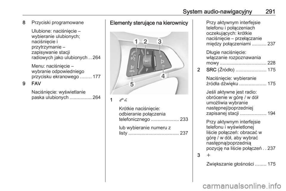 OPEL ASTRA K 2017.5 Instrukcja obsługi (in Polish) System audio-nawigacyjny2918Przyciski programowane
Ulubione: naciśnięcie –
wybieranie ulubionych;
naciśnięcie i
przytrzymanie –
zapisywanie stacji
radiowych jako ulubionych ..264
Menu: naciśn OPEL ASTRA K 2017.5 Instrukcja obsługi (in Polish) System audio-nawigacyjny2918Przyciski programowane
Ulubione: naciśnięcie –
wybieranie ulubionych;
naciśnięcie i
przytrzymanie –
zapisywanie stacji
radiowych jako ulubionych ..264
Menu: naciśn