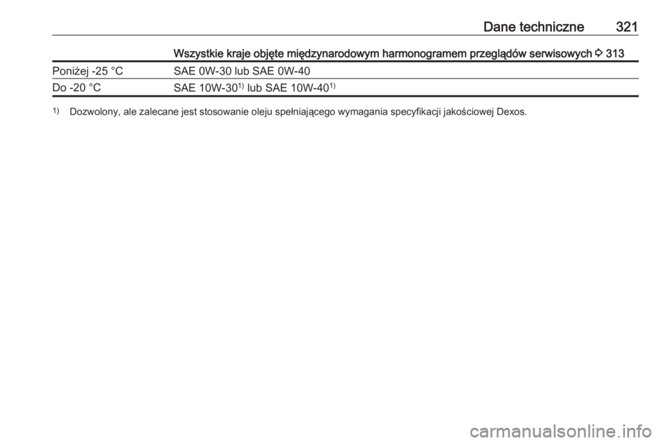 OPEL ASTRA K 2018  Instrukcja obsługi (in Polish) Dane techniczne321Wszystkie kraje objęte międzynarodowym harmonogramem przeglądów serwisowych 3 313Poniżej -25 °CSAE 0W-30 lub SAE 0W-40Do -20 °CSAE 10W-30 1)
 lub SAE 10W-40 1)1)
Dozwolony, al