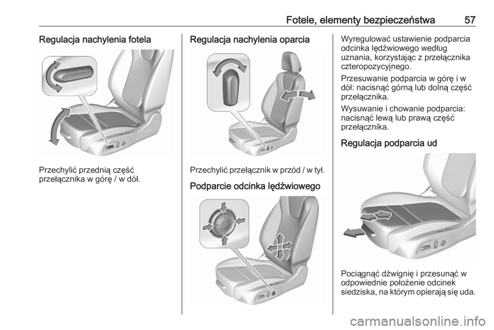 OPEL ASTRA K 2020  Instrukcja obsługi (in Polish) Fotele, elementy bezpieczeństwa57Regulacja nachylenia fotela
Przechylić przednią część
przełącznika w górę / w dół.
Regulacja nachylenia oparcia
Przechylić przełącznik w przód / w tył