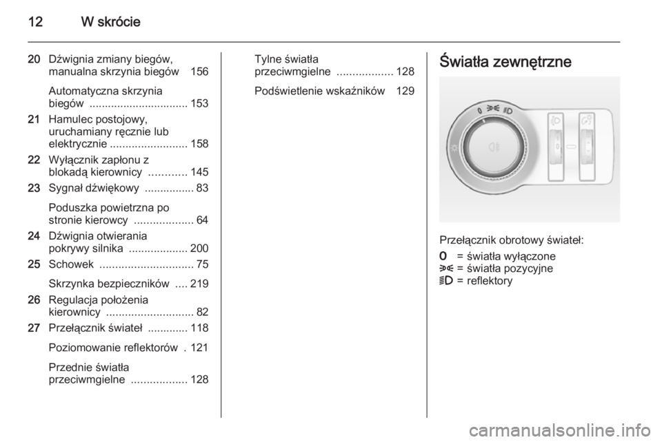 OPEL CASCADA 2015  Instrukcja obsługi (in Polish) 12W skrócie
20Dźwignia zmiany biegów,
manualna skrzynia biegów  156
Automatyczna skrzynia
biegów  ................................ 153
21 Hamulec postojowy,
uruchamiany ręcznie lub
elektrycznie 