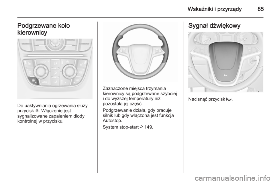 OPEL CASCADA 2015.5  Instrukcja obsługi (in Polish) Wskaźniki i przyrządy85Podgrzewane koło
kierownicy
Do uaktywniania ogrzewania służy
przycisk  *. Włączenie jest
sygnalizowane zapaleniem diody
kontrolnej w przycisku.
Zaznaczone miejsca trzyman