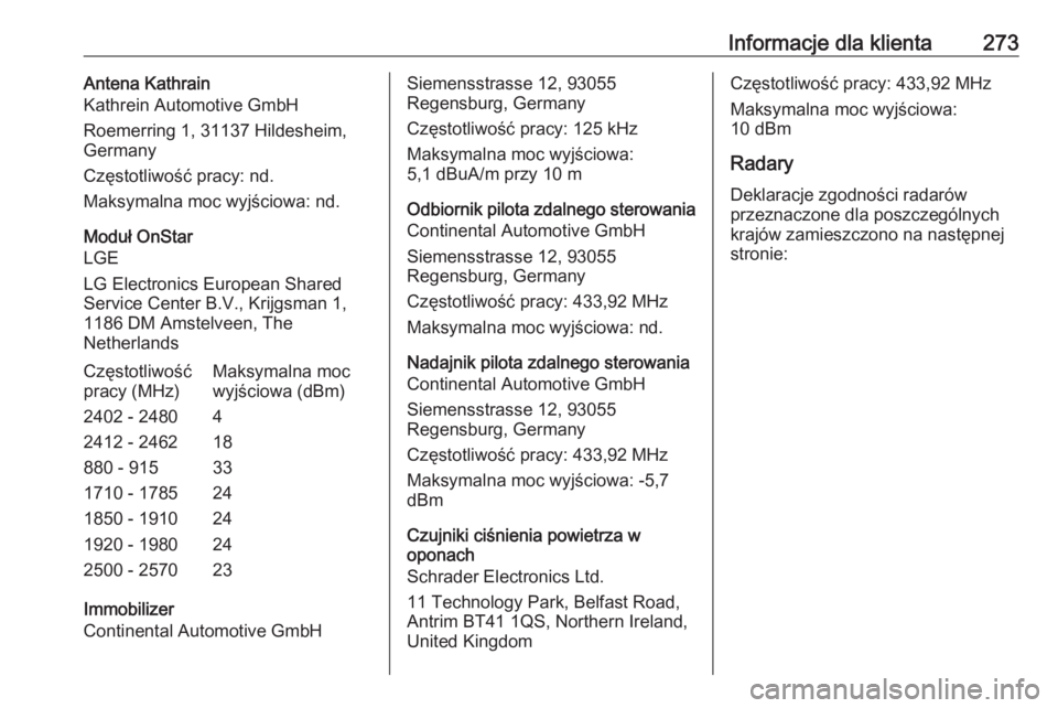 OPEL CASCADA 2018  Instrukcja obsługi (in Polish) Informacje dla klienta273Antena Kathrain
Kathrein Automotive GmbH
Roemerring 1, 31137 Hildesheim,
Germany
Częstotliwość pracy: nd.
Maksymalna moc wyjściowa: nd.
Moduł OnStar
LGE
LG Electronics Eu