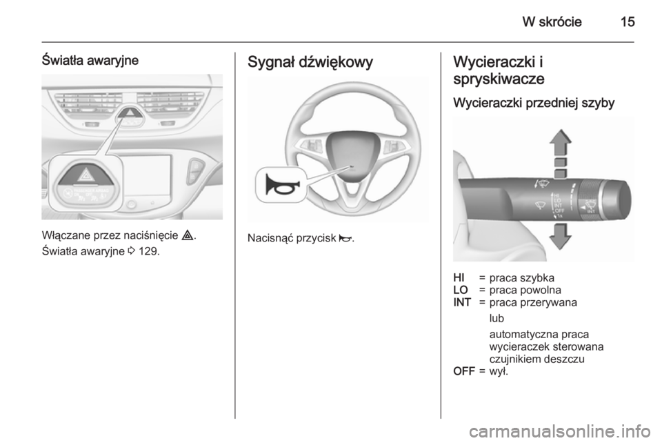 OPEL CORSA 2015.75  Instrukcja obsługi (in Polish) W skrócie15
Światła awaryjne
Włączane przez naciśnięcie ¨.
Światła awaryjne  3 129.
Sygnał dźwiękowy
Nacisnąć przycisk  j.
Wycieraczki i
spryskiwacze
Wycieraczki przedniej szybyHI=praca