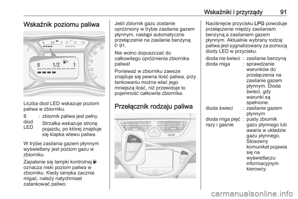 OPEL CORSA 2016  Instrukcja obsługi (in Polish) Wskaźniki i przyrządy91Wskaźnik poziomu paliwa
Liczba diod LED wskazuje poziom
paliwa w zbiorniku.
8
diod
LED:zbiornik paliwa jest pełny.
Strzałka wskazuje stronę
pojazdu, po której znajduje
si
