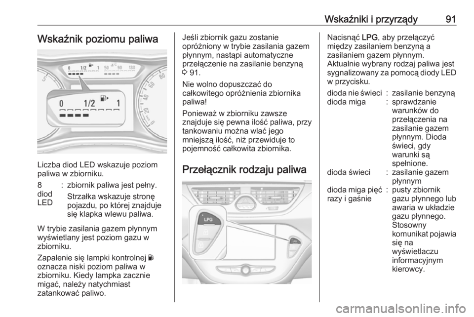 OPEL CORSA 2016.5  Instrukcja obsługi (in Polish) Wskaźniki i przyrządy91Wskaźnik poziomu paliwa
Liczba diod LED wskazuje poziom
paliwa w zbiorniku.
8
diod
LED:zbiornik paliwa jest pełny.
Strzałka wskazuje stronę
pojazdu, po której znajduje
si