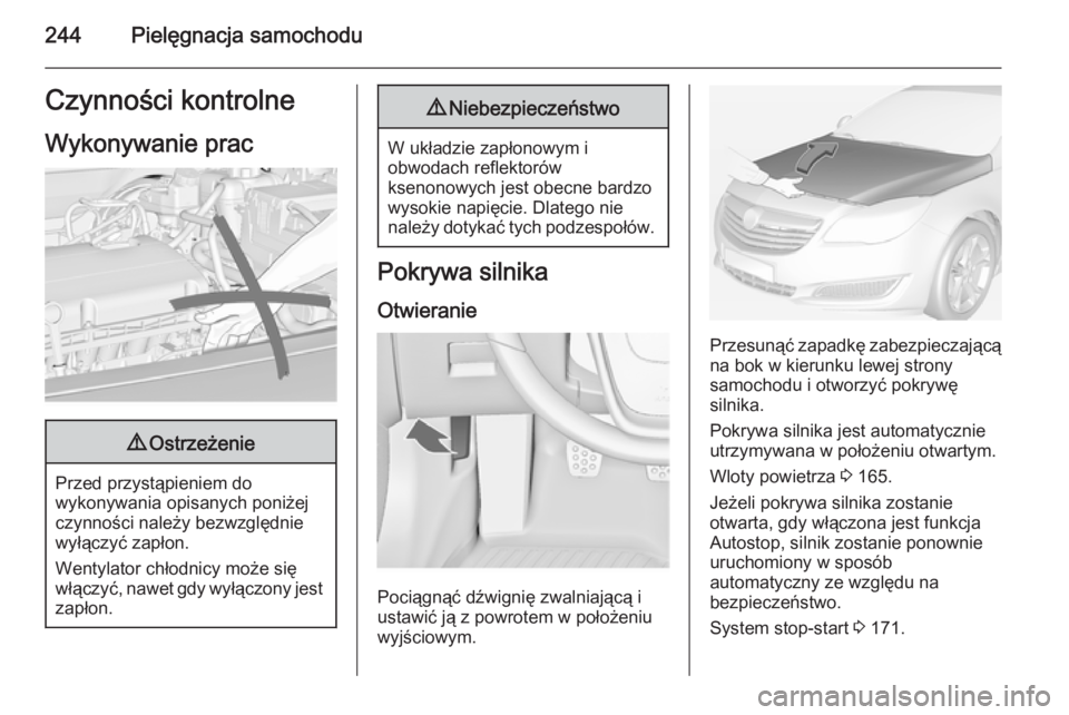 OPEL INSIGNIA 2014.5  Instrukcja obsługi (in Polish) 244Pielęgnacja samochoduCzynności kontrolne
Wykonywanie prac9 Ostrzeżenie
Przed przystąpieniem do
wykonywania opisanych poniżej
czynności należy bezwzględnie
wyłączyć zapłon.
Wentylator ch