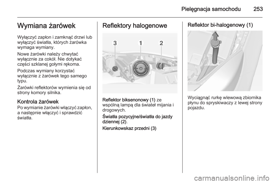 OPEL INSIGNIA 2014.5  Instrukcja obsługi (in Polish) Pielęgnacja samochodu253Wymiana żarówek
Wyłączyć zapłon i zamknąć drzwi lub wyłączyć światła, których żarówka
wymaga wymiany.
Nowe żarówki należy chwytać
wyłącznie za cokół. N