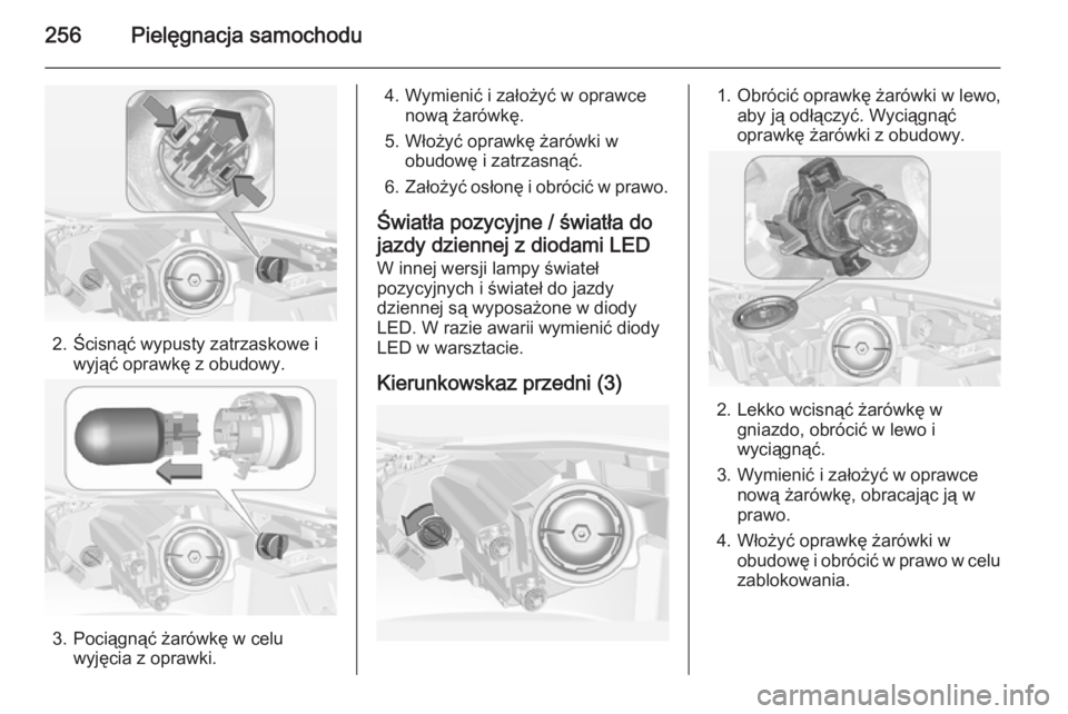 OPEL INSIGNIA 2015  Instrukcja obsługi (in Polish) 256Pielęgnacja samochodu
2. Ścisnąć wypusty zatrzaskowe iwyjąć oprawkę z obudowy.
3. Pociągnąć żarówkę w celuwyjęcia z oprawki.
4. Wymienić i założyć w oprawcenową żarówkę.
5. W