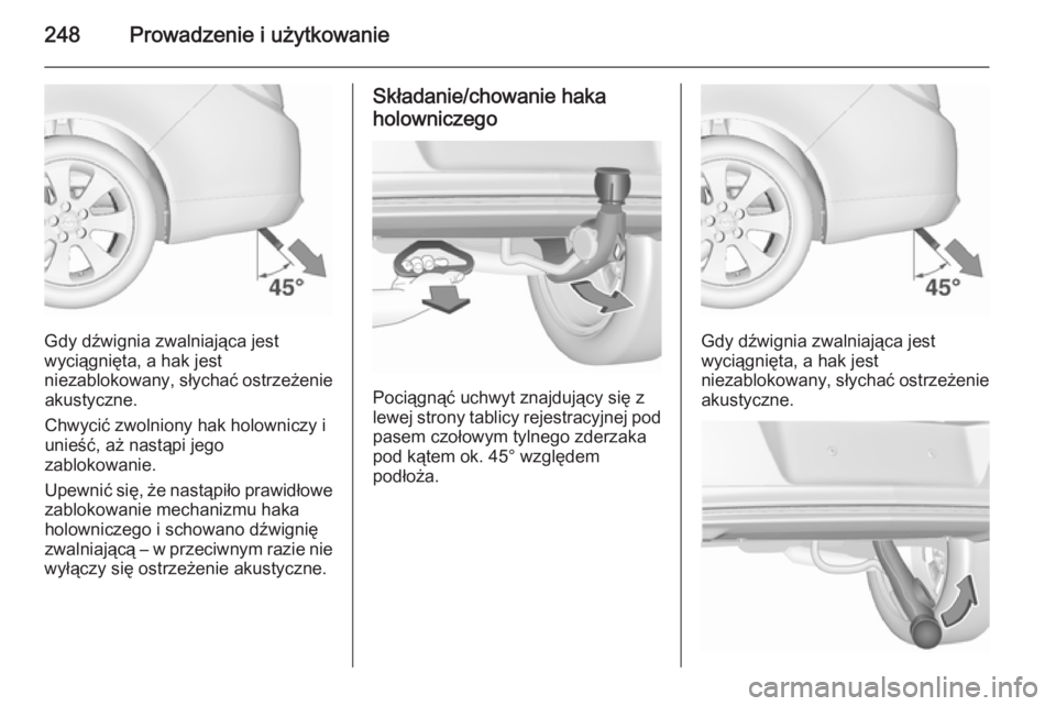 OPEL INSIGNIA 2015.5  Instrukcja obsługi (in Polish) 248Prowadzenie i użytkowanie
Gdy dźwignia zwalniająca jest
wyciągnięta, a hak jest
niezablokowany, słychać ostrzeżenie akustyczne.
Chwycić zwolniony hak holowniczy i
unieść, aż nastąpi je