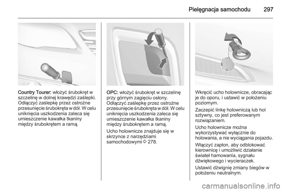 OPEL INSIGNIA 2015.5  Instrukcja obsługi (in Polish) Pielęgnacja samochodu297
Country Tourer: włożyć śrubokręt w
szczelinę w dolnej krawędzi zaślepki. Odłączyć zaślepkę przez ostrożne
przesunięcie śrubokręta w dół. W celu uniknięcia