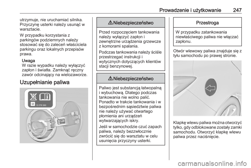 OPEL INSIGNIA 2017 Instrukcja obsługi (in Polish) Prowadzenie i użytkowanie247utrzymuje, nie uruchamiać silnika.
Przyczynę usterki należy usunąć w
warsztacie.
W przypadku korzystania z
parkingów podziemnych należy
stosować się do zaleceń w OPEL INSIGNIA 2017 Instrukcja obsługi (in Polish) Prowadzenie i użytkowanie247utrzymuje, nie uruchamiać silnika.
Przyczynę usterki należy usunąć w
warsztacie.
W przypadku korzystania z
parkingów podziemnych należy
stosować się do zaleceń w