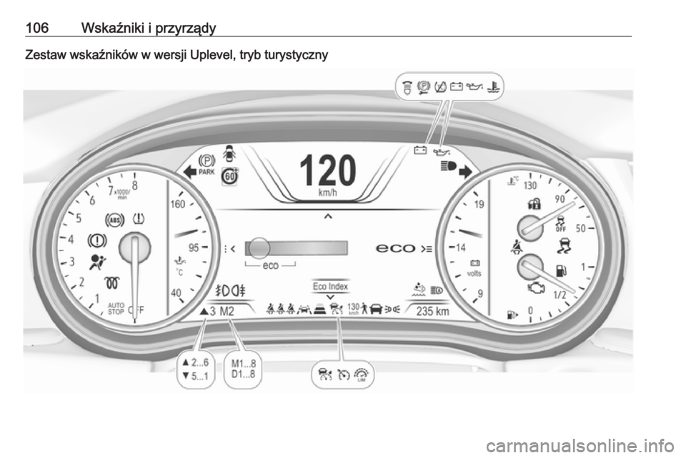 OPEL INSIGNIA BREAK 2017.75  Instrukcja obsługi (in Polish) 106Wskaźniki i przyrządyZestaw wskaźników w wersji Uplevel, tryb turystyczny 
