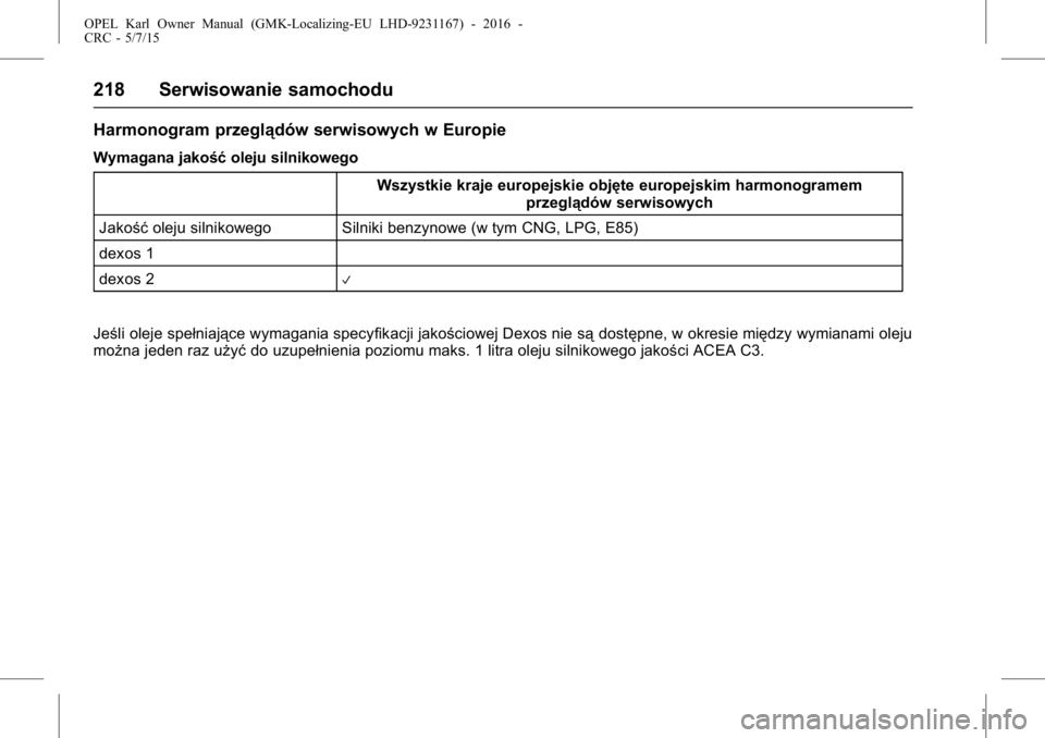 OPEL KARL 2015.75  Instrukcja obsługi (in Polish) OPEL Karl Owner Manual (GMK-Localizing-EU LHD-9231167) - 2016 -
CRC - 5/7/15
218 Serwisowanie samochodu
Harmonogram przeglądów serwisowych w Europie
Wymagana jakośćoleju silnikowego
Wszystkie kraj