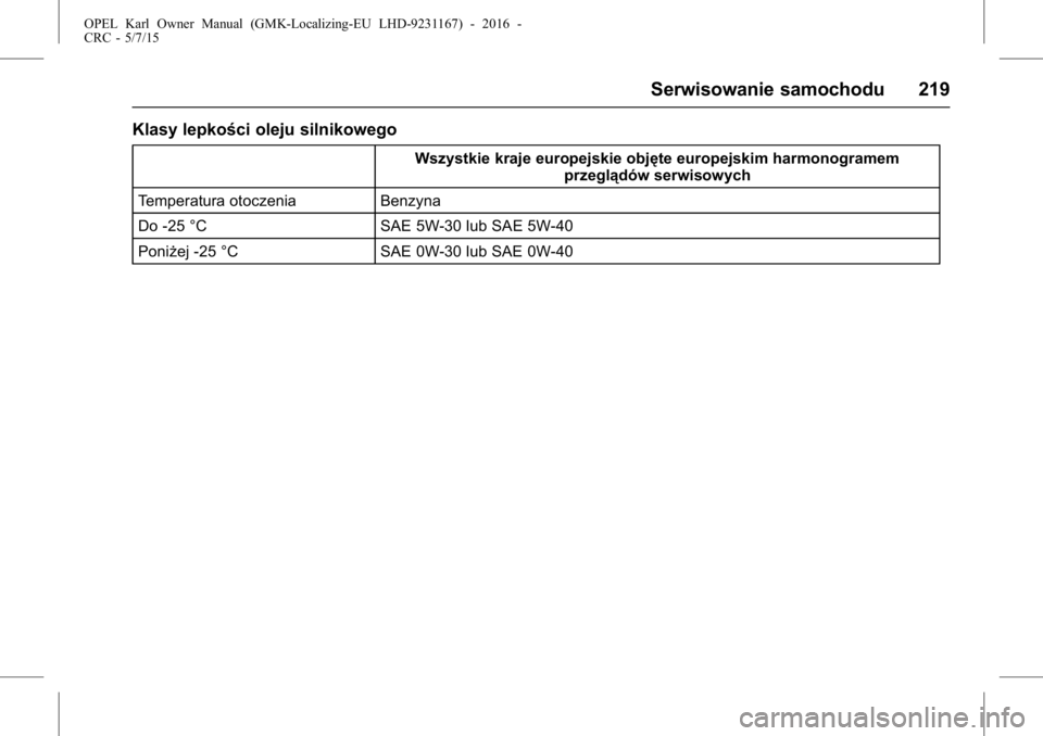 OPEL KARL 2015.75  Instrukcja obsługi (in Polish) OPEL Karl Owner Manual (GMK-Localizing-EU LHD-9231167) - 2016 -
CRC - 5/7/15
Serwisowanie samochodu 219
Klasy lepkości oleju silnikowego
Wszystkie kraje europejskie objęte europejskim harmonogramemp